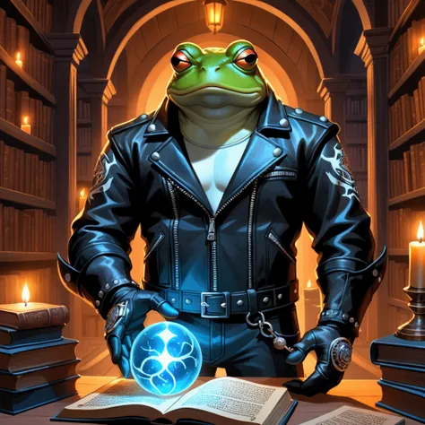 Closeup, cartoon art style, An extremely badass anthropomorphic light blue and white bullfrog wearing an insanely cool black leather Harley Davidson biker jacket open, black leather biker gloves, black leather biker pants, standing confidently with a mysti...