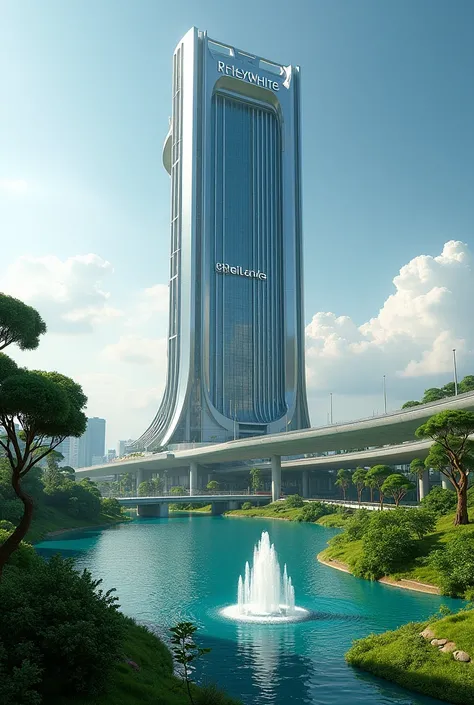 Generate a futuristic big  Luxury TOWER HOTEL, ultra - Modern building, with the logo RUSDHY RECYDENCE, the fountain gushes beautifully, Large Garden, lake bridge, Green City And Natural Settings As Well There Is A Highway, Green City, Realistic Quality Ul...