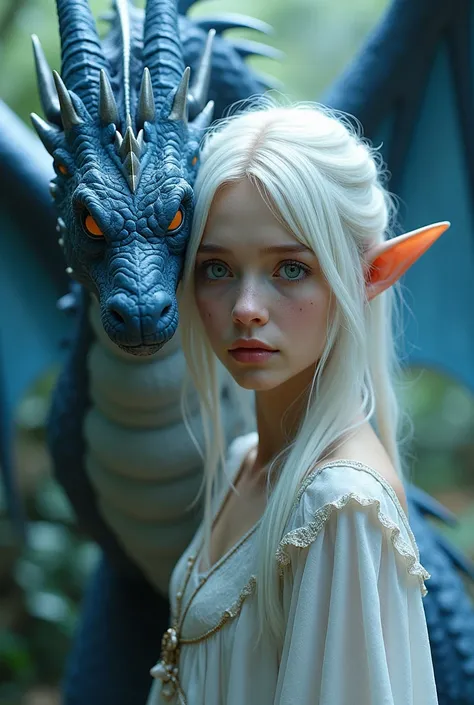 a young woman with mid-length white hair, having short pointed ears, her slightly silvery gray eyes, her face dotted with freckles, she is accompanied by a gray serpentiform dragon, having two pairs of midnight blue wings but no legs .