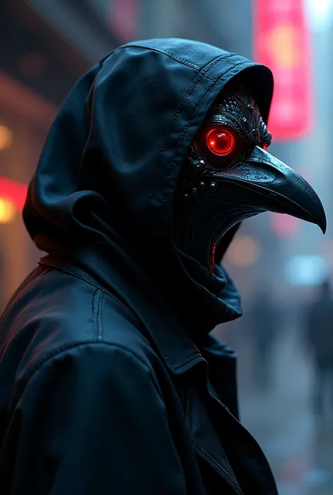 A Black Death doctor wearing an all-black raven mask with Cyber Punk features highlight cyberpunk features face shot from the side add multicolored neon to the mask  (( more human features)) Add a cyberpunk background 