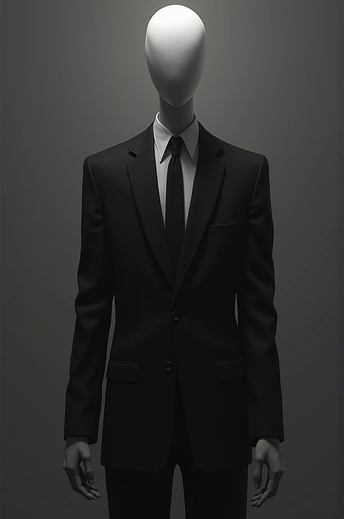 Generate a black and white image of a slenderman wearing a suit 