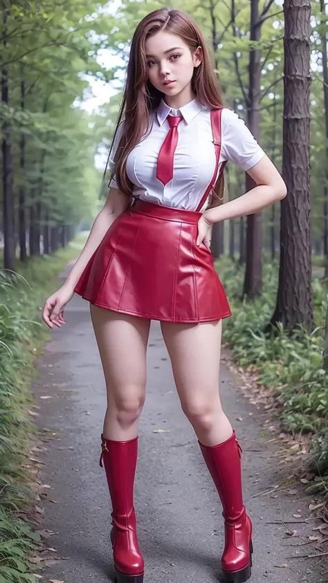  full body  , fitted figure , cute beautiful schoogirl,  beautiful cute teen face with big lips ,  High Waisted red sexy  leather skater  pinafore dress,  blouse short  puffy sleeves ,  High Waisted red leather short  skater skirt, red tie , brunette long ...