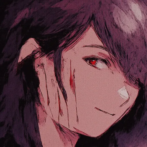 Pixel art,  in the background ,  on her face , and scars not sewn , Blood.  girl with a beautiful pale face {x} The girl smiles softly and looks ,  on her face 