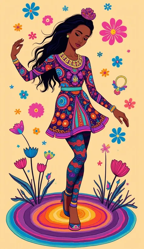 Create a vibrant 70s disco-inspired artwork featuring a feminine figure standing gracefully. The piece should embody groovy and trippy aesthetics, with hallucinatory, hypnotic patterns that evoke a sense of euphoria. Incorporate abstract, fluid shapes alon...