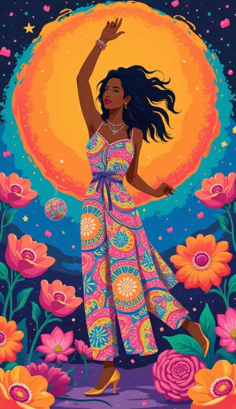 Create a vibrant 70s disco-inspired artwork featuring a feminine figure standing gracefully. The piece should embody groovy and trippy aesthetics, with hallucinatory, hypnotic patterns that evoke a sense of euphoria. Incorporate abstract, fluid shapes alon...