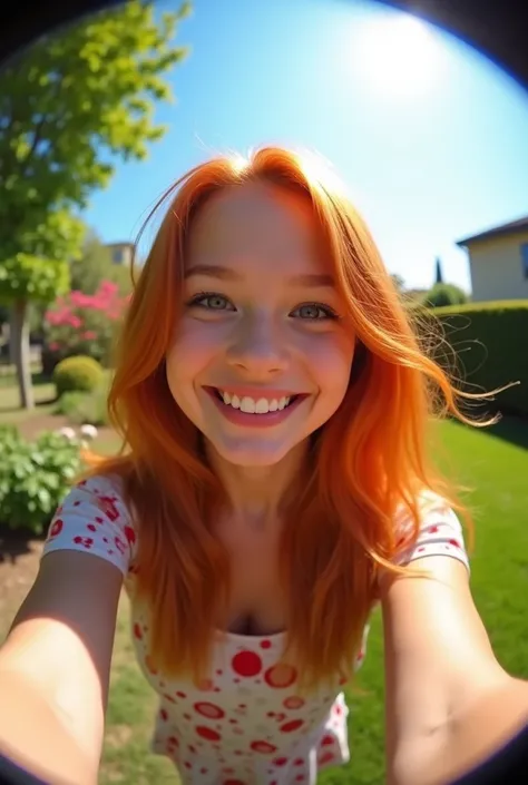 cute girl taking a selfie, fisheye lens, red hair, sunny garden