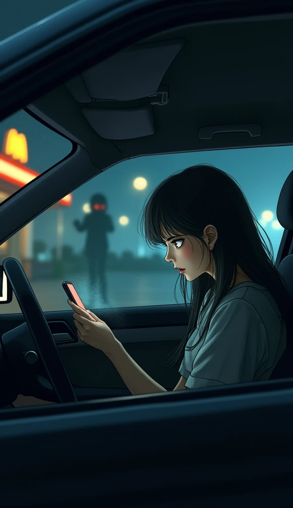 Create a dramatic nighttime scene of a young girl employee sitting in their car outside a dimly lit McDonalds, gripping their phone with trembling hands. The parking lot is eerily empty, bathed in the cold glow of streetlights, and the shadowy figure of a ...