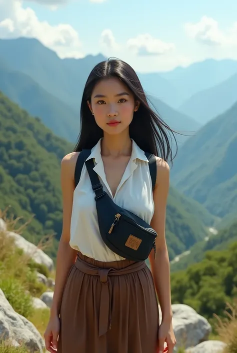 Thai Asian woman, black long hair, brown eyes, wearing a white blouse, brown skirt, with a black tank bag on the mountain in the morning