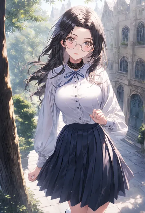 ((highest quality)), ((masterpiece)), (detailed), (front view), (one girl), sexy, shiny skin, glossy skin, height 168cm, bust 120cm, big breast, hourglass body, housewife, black hair parted bangs, A mother with warm eyes, Wearing round glasses, Looking at ...