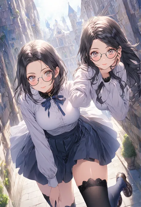 ((highest quality)), ((masterpiece)), (detailed), (front view), (one girl), sexy, shiny skin, glossy skin, height 168cm, bust 120cm, big breast, hourglass body, housewife, black hair parted bangs, A mother with warm eyes, Wearing round glasses, Looking at ...