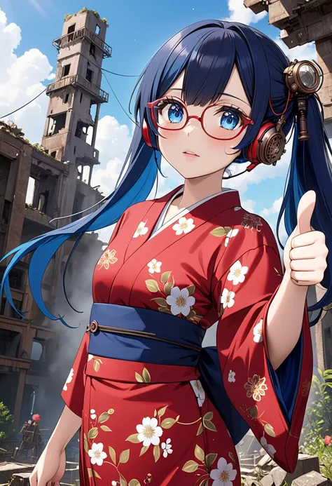 (Best masterpiece, High resolution: 1.5), (8K, RAW photo, Perfect anatomy, Golden ratio, Zoom up: 1.4), Pointillism, Professional photo, Solitary Japanese idol, (Real: 0.5), ( Thumbs up:1.5), (floral pattern, red yukata, red glasses, steampunk earphones:1....