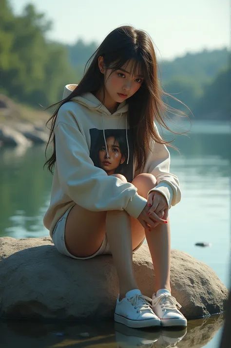  Beautiful 25-year-old Asian European woman with long hair straight brown blown away in the wind wearing a Hoodie with a picture of a crying woman,short white jeans , wearing a white sneaker sitting on a big rock by the river crying 