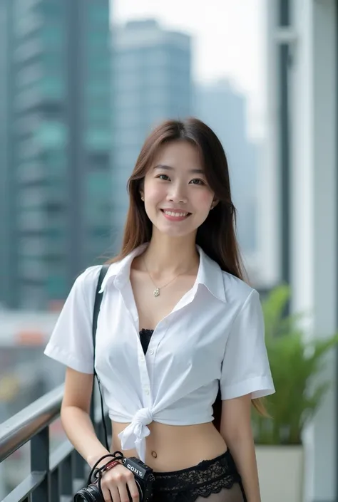 A beautiful thai woman 18 years old on an outdoor balcony in a modern urban setting. She has a calm, pleasant expression and is wearing Mahalai uniform,white short sleeve shirt,lace panty, a partially unbuttoned short-sleeve white shirt, revealing a black ...