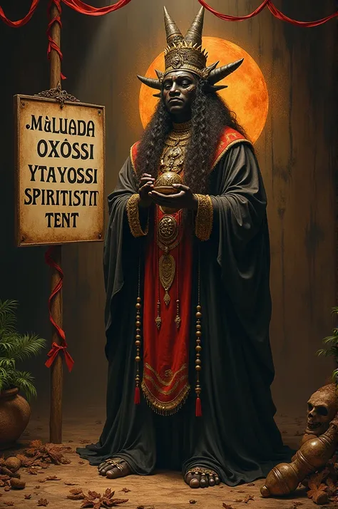 Exu holding a ,  with the words : " UMBANDA OXOSSI YTAYOSSI SPIRITIST TENT",  sign in Portuguese without excluding any writing requested to be described on the poster 