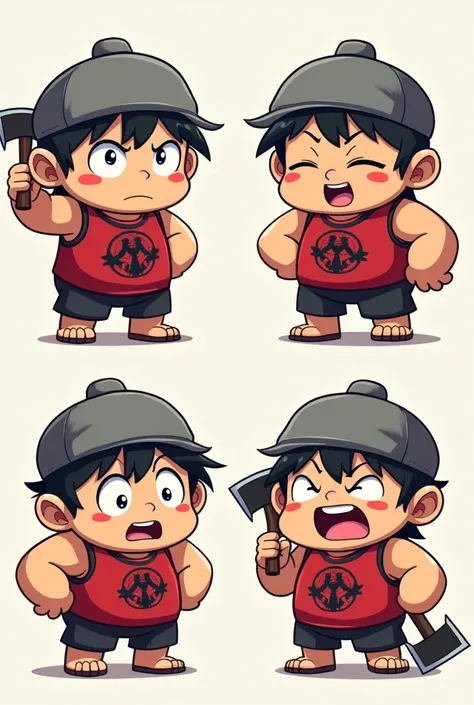 Emotes de twitch, anime, Chibi, foreground , 4 samples, chico, Black diver, black hair, gray eyes, grey wool cap, Separate actions, Open eyes, closed mouth, Eyes closed, mouth closed, Open eyes, open mouth, Eyes closed, mouth open, 
 a strong ogre man of l...