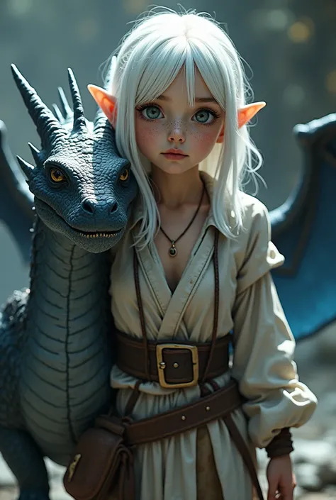 a young woman with shoulder-length white hair, having small pointed ears, her slightly silvery gray eyes, her face dotted with freckles, she is dressed in an adventurers outfit revealing the one of its shoulders and it is accompanied by a dragon with a bod...