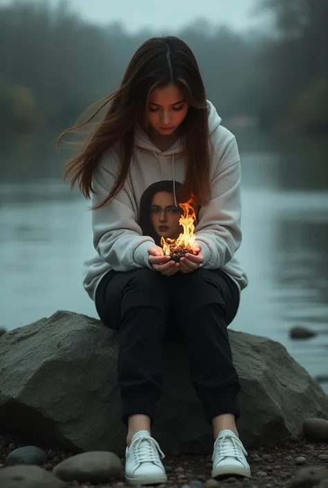  Beautiful 25-year-old Asian European woman with long hair straight brown blown away in the wind wearing a Hoodie with a picture of a crying woman,Short black cargo pants ,  wearing white sneaker sitting on a large riverside rock crying holding a burning p...