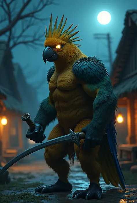 A muscular, human-like parrot with a fully fur-covered body and a parrots face, its eyes glowing intensely, stands in a battle-ready pose in a quiet village at night. The parrot holds a weapon—either a sword or gun—in its powerful grip, showcasing strength...