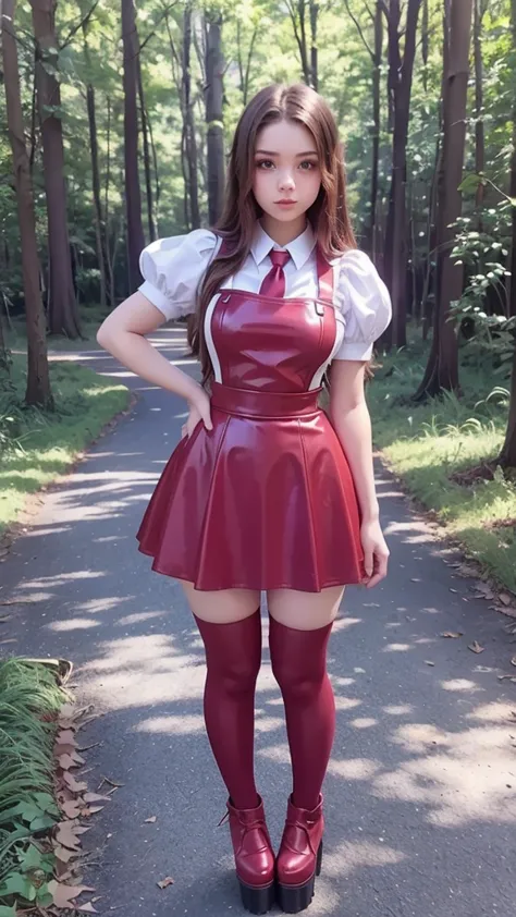  full body  , fitted figure , cute beautiful schoogirl,  beautiful cute teen face with big lips ,  High Waisted red sexy  leather skater  pinafore dress,  blouse short  puffy sleeves ,  High Waisted red leather short  skater skirt, red tie , brunette long hair,  Beautiful eyes. stockings,   thick platform shoes, teen girl standing in the forest ,  photorealistic, Full body