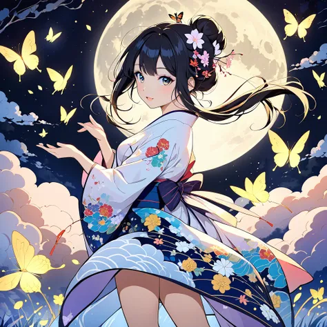 A beautiful girl  wearing  kimono, performing a dance move on the clouds  against a night sky background with a full moon, butterflies, fireflies, anime style