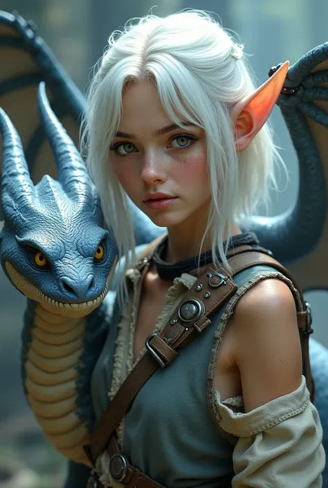 a young woman with shoulder-length white hair, having small pointed ears, her slightly silvery gray eyes, her face dotted with freckles, she is dressed in an adventurers outfit revealing the one of its shoulders and it is accompanied by a lunar  grey drago...