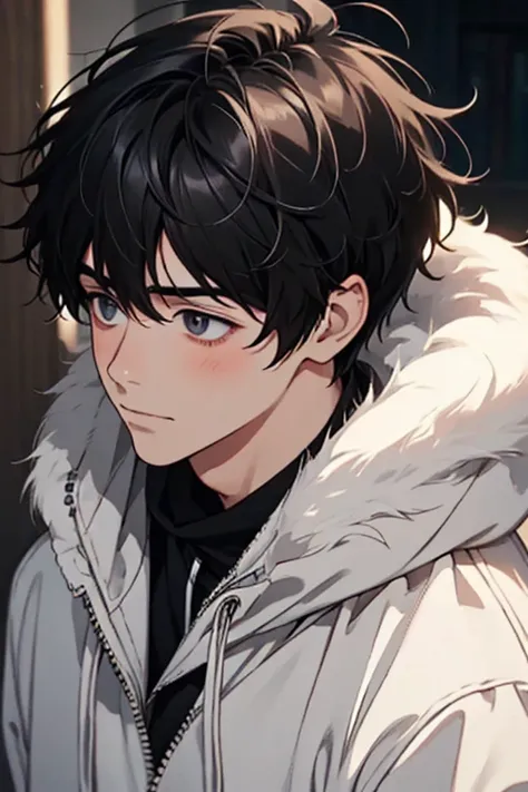 ultra-detailliert, Best Quality, finely detail, Anime Male, 1 Male, 30 years old, The face and eyes are very detailed, (Annoyed, Dissatisfied, blush), Detailed face, jet black eyes, Mans, Black hair, Medium Hair, Messy pointed hair, (White fur jacket with ...