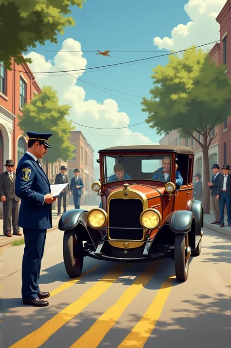 "A humorous scene showing an antique car moving at a slow pace, with exaggerated speed lines around it to suggest a blazing 8 miles per hour. The police officer stands nearby, looking shocked and holding a notepad as if documenting the speeding offense. Th...