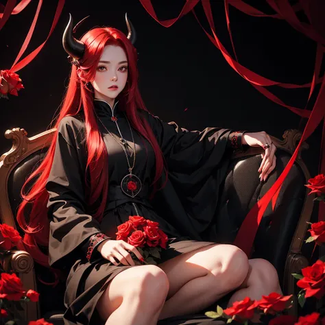 Mysterious black background with red roses all around
One woman with long red hair sitting on a throne
primary color、devil、Black Horn