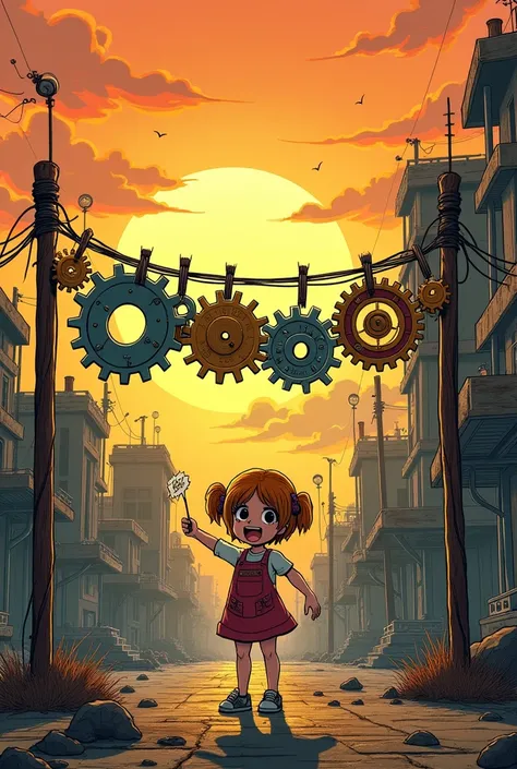 comic, speech bubble, frame, focus line, comic expression, sound effect, A girl hangs many gears on a clothesline, abandoned city, sunset
