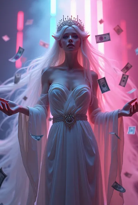 (photorealism:1.2), beautiful goddes showing money in neon atmosphere 