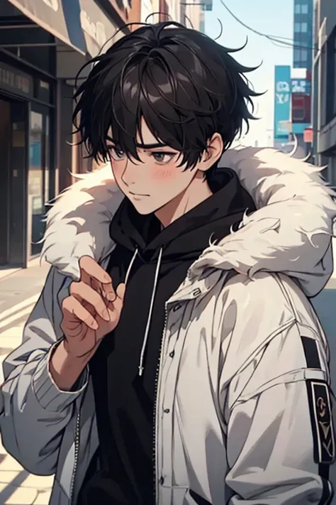 ultra-detailliert, Best Quality, finely detail, Anime Male, 1 Male, 30 years old, The face and eyes are very detailed, (Annoyed, Dissatisfied, blush), Detailed face, jet black eyes, Mans, Black hair, Medium Hair, Messy pointed hair, (White fur jacket with ...