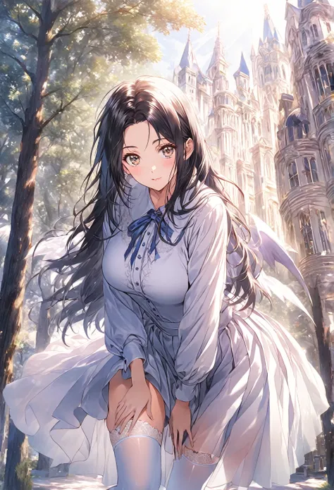 ((highest quality)), ((masterpiece)), (detailed), (front view), (one girl), sexy, shiny skin, glossy skin, height 168cm, bust 120cm, big breast, hourglass body, housewife, black hair parted bangs, A mother with warm eyes, Wearing round glasses, Looking at ...