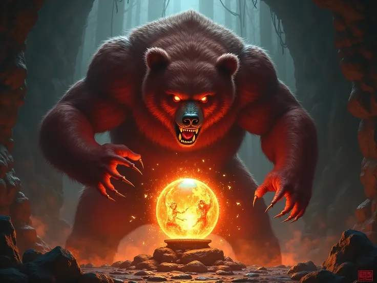 an enraged Anthropomorphic humanoid bear with a fiery red hair gazes into a crystal ball and summons demonic spirits.,