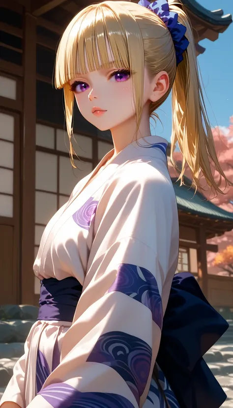 score_9,score_8_up,score_7_up, shiny skin, 1girl, KeiKaruizawa, Kei Karuizawa, bangs, blunt bangs, ponytail hair, violet eyes, blonde hair, blue scrunchie, yukata, japanese traditional house, long shot, full shot