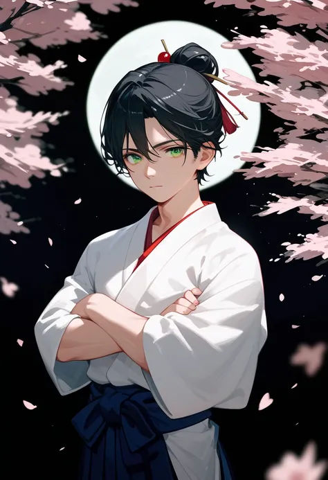 masterpiece, best quality, ultra detailed, a boy, neutral, arms crossed, looking at viewer, black hair, green eyes, japanese clothes, hakama, black background, flat background, with a moon, with a cherry blossom, beautiful, anime