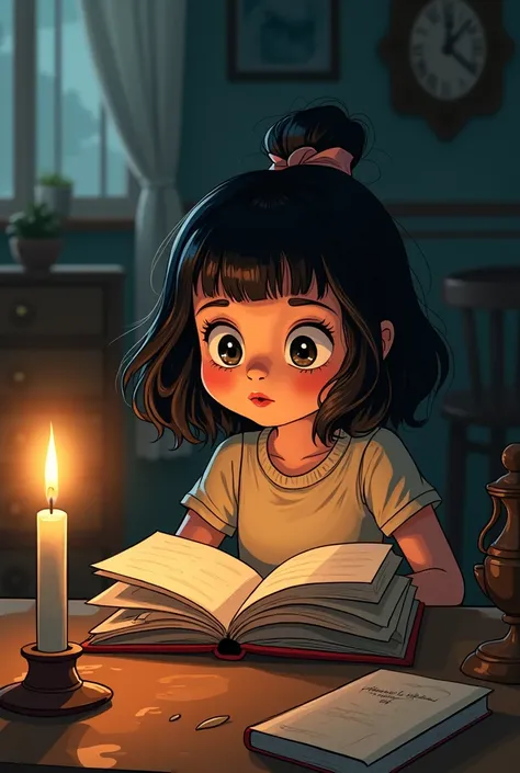 A girl reading a book in the light of candle. Comic style