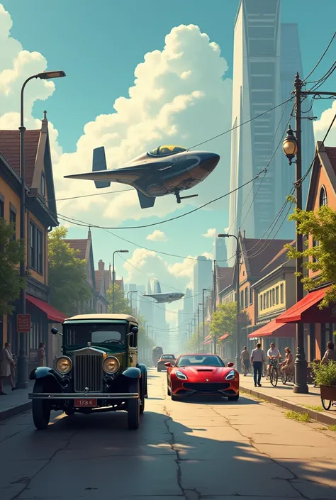 "A creative transition scene showing the evolution of transportation: from the antique car and bicycle of the 1890s to a modern sports car and a futuristic flying vehicle. The background shifts from a quaint Victorian village to a bustling modern cityscape...