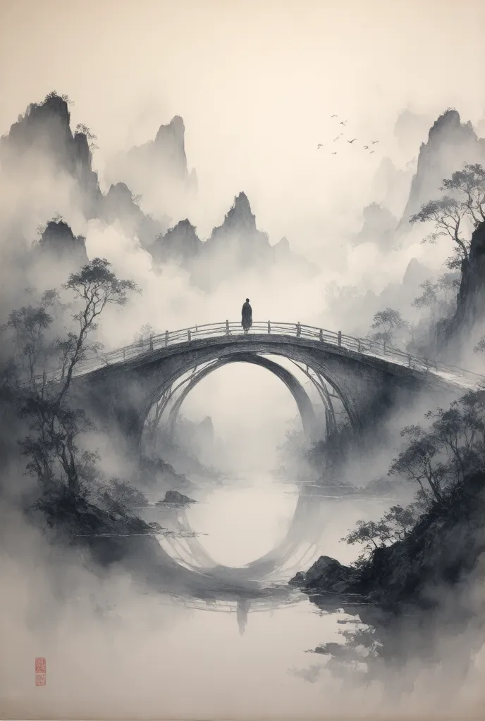 (( Surprisingly Weird  )),(masterpiece:1.2),超 HD ,  Pay attention to details ,   high quality  ,  HD , 最  high quality  , 4K, 8K、 Landscape Painting、Bridge in the Mist  、 Black and white 、  An Eerie and Mysterious Work