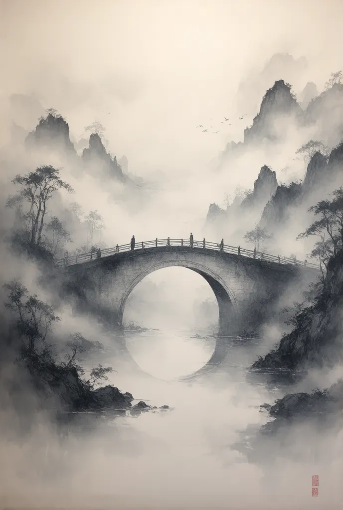 (( Surprisingly Weird  )),(masterpiece:1.2),超 HD ,  Pay attention to details ,   high quality  ,  HD , 最  high quality  , 4K, 8K、 Landscape Painting、Bridge in the Mist  、 Black and white 、  An Eerie and Mysterious Work