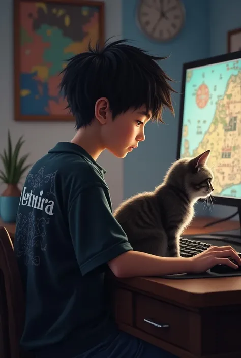 A boy wearing a shirt with nethmira written on the back of the shirt is playing a game on the computer with cat