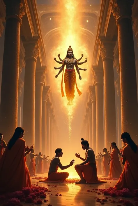 Lord Vishnu giving nectar to King Dasharatha as the blessing in the yagya