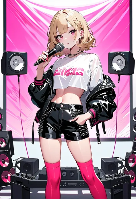 (masterpiece, best quality),music-video style illustration. A cool teen girl is standing and posing. (She has short wavy blonde hair, fair skin, and wears a short rocker-style studded tight jacket over a white cropped shirt, black shorts, red short socks, ...