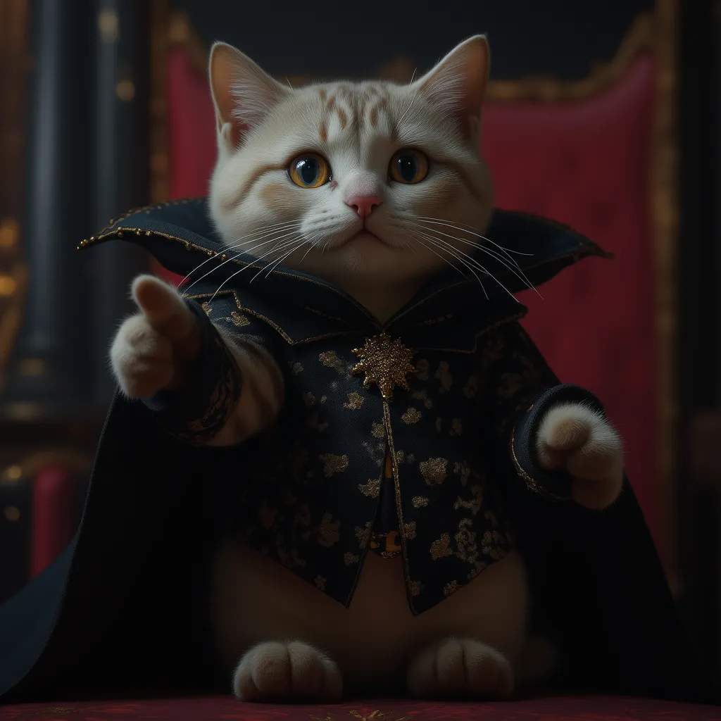 photorealistic, 64k, a cute, chubby cat with a gothic twist, standing upright. the cat is the king of the kings, adorned in a da...