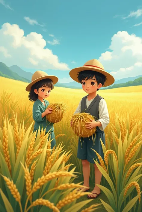 There was a young man and a girl harvesting rice in the middle of a field of ripe rice. 