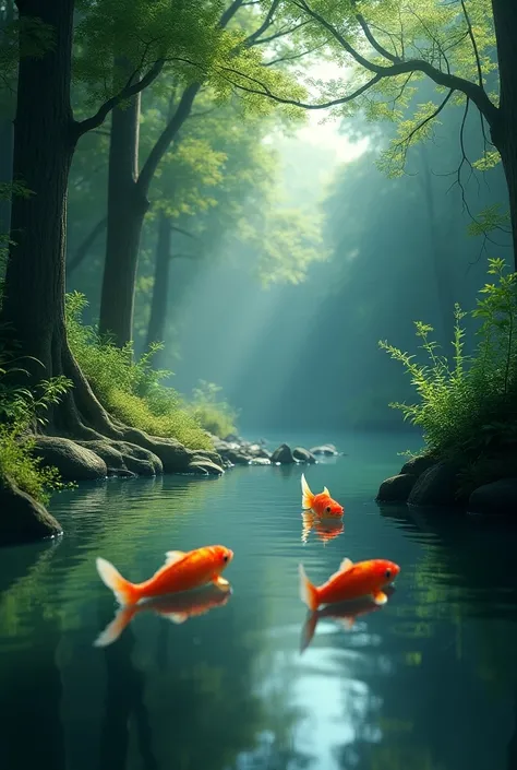 A pond, three fish in the water in the forest