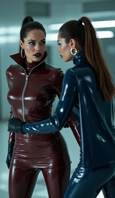 angelina jolie, en action de se battre avec une autre femme habillé en latex, latex, brillant, futuriste, chemise t-shirt latex marron rouge foncé, col roulé latex marron rouge foncé, t-shirt zippé latex marron rouge foncé, cape latex bleu marine, anneaux ...