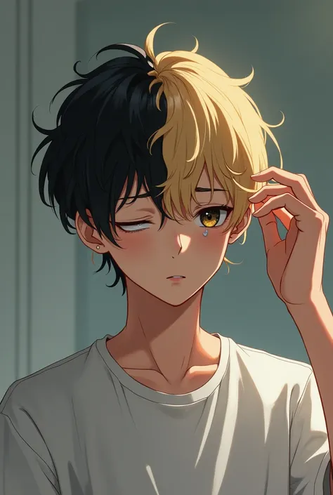 Anime guy coloring his hair from black to blonde looking sad