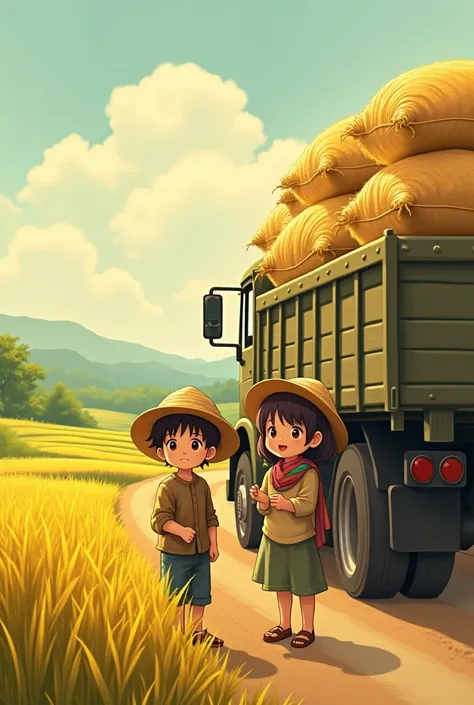 There was a young boy and a girl standing next to a truck carrying ripe rice.