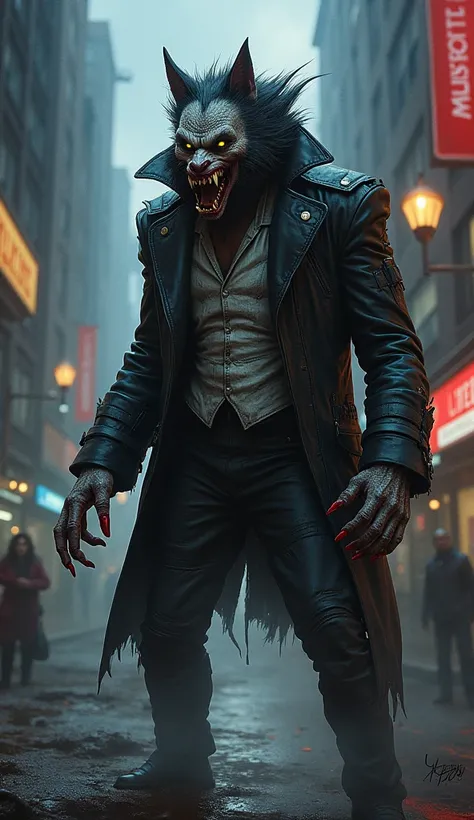 A beautiful airbrushed painting of as "Beetlejuice" as a werewolf wearing a black with white battle leather suit, urban nightfall supernatural dark fantasy beetlejuice background