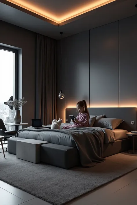 Professional 3d architecture rendering design of modern and minimal and high tech design for girl’s  room and this  room made of 2 black  leather cubes chairs and 2 circle white  leather chairs and 1 triangle table and  dark grey bed with  airplane wings s...